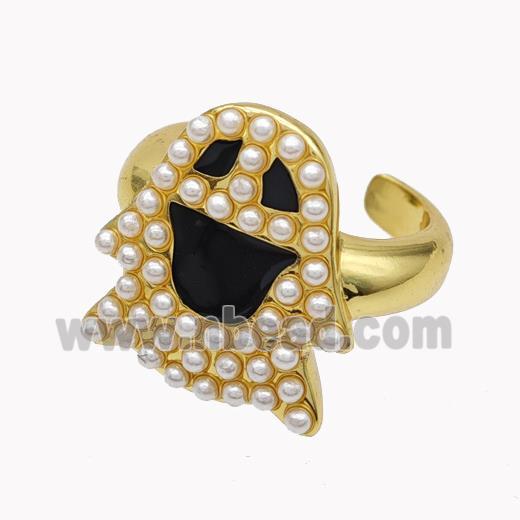 Halloween Ghost Charms Copper Rings Pave Pearlized Resin Black Enamel Gold Plated