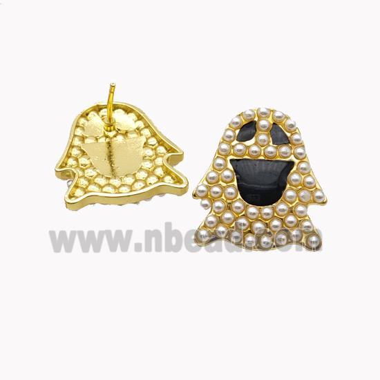 Halloween Ghost Charms Copper Stud Earrings Pave Pearlized Resin Black Enamel Gold Plated