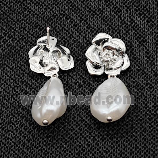 Copper Flower Stud Earrings With Pearlized Resin Platinum Plated