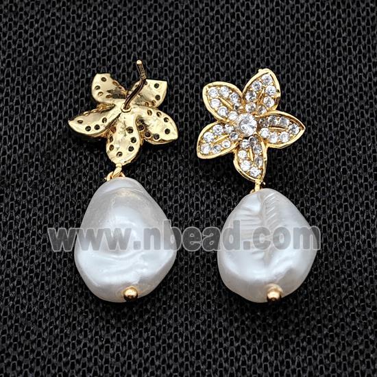 Copper Flower Stud Earrings With Pearlized Resin Gold Plated