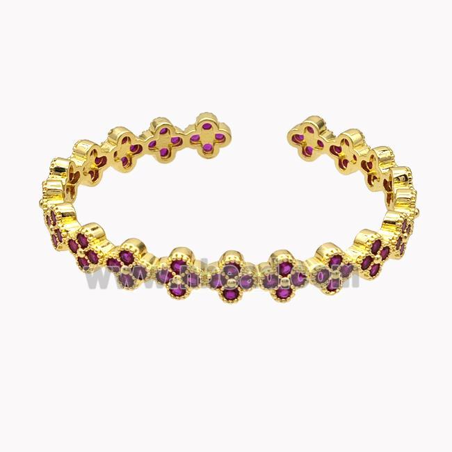 Copper Clover Bangle Pave Fuchsia Zirconia Gold Plated