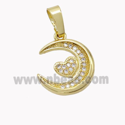 Copper Moon Pendant Micropave Zirconia Heart Gold Plated