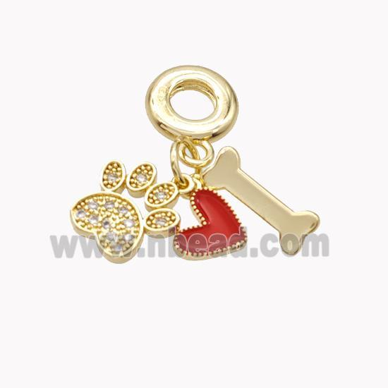 Copper Paws Heart Dogbone Pendant Pave Zirconia Red Enamel Gold Plated