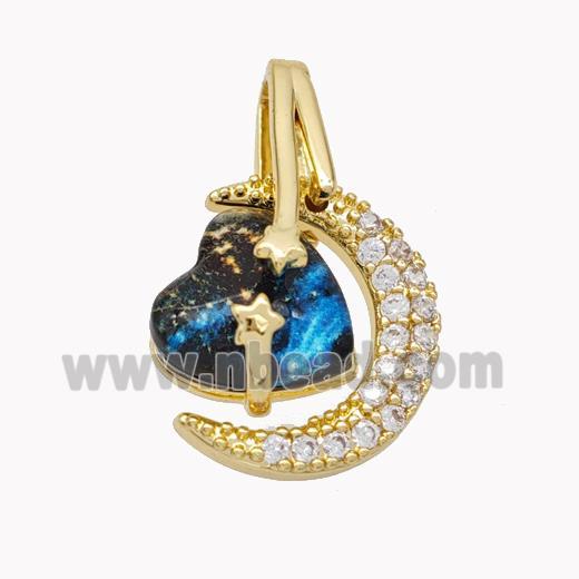 Copper Moon Heart Pendant Pave Acrylic Zirconia Gold Plated