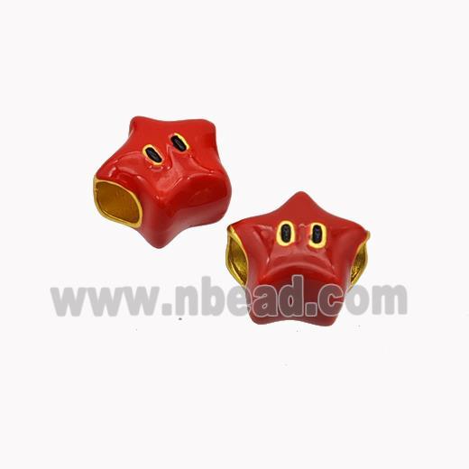 Copper Star Emoji Beads Red Enamel Large Hole Gold Plated