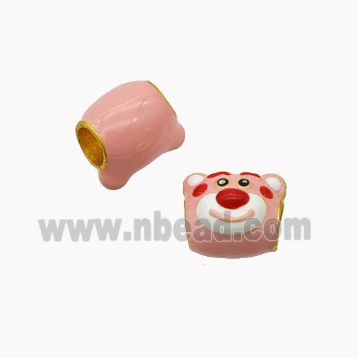 Copper Bear Beads Pink Enamel Large Hole Cartoon Gold Plated