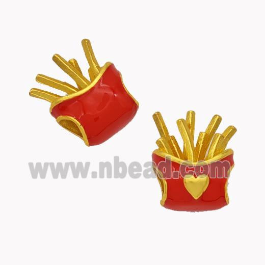 French Fries Charms Copper Food Beads Red Enamel Large Hole Gold Plated