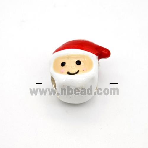 Christmas Santa Claus Charms Copper Beads White Red Enamel Large Hole Platinum Plated