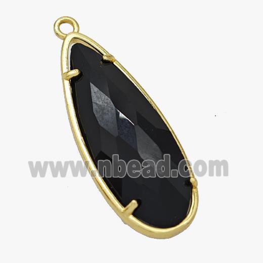 Black Crystal Glass Teardrop Pendant Faceted Gold Plated