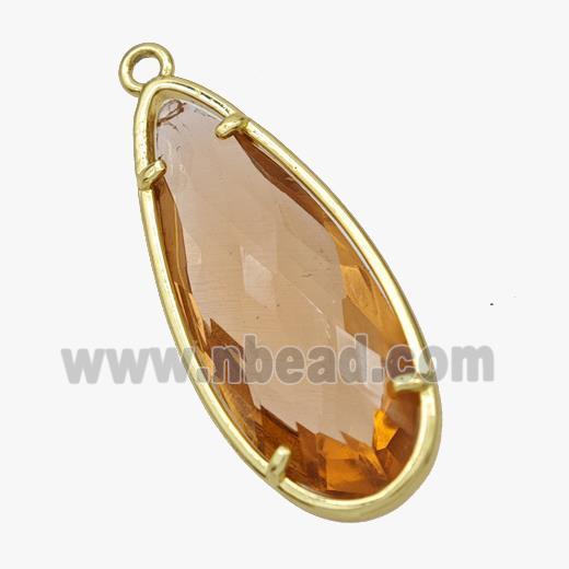 Orange Crystal Glass Teardrop Pendant Faceted Gold Plated