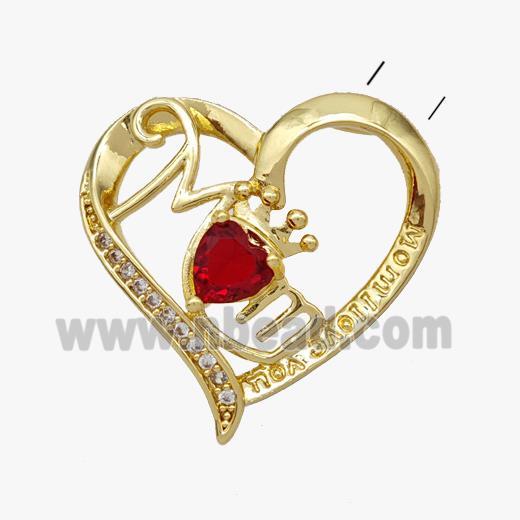 Copper Heart Pendant Pave Red Crystal Glass MOM Gold Plated