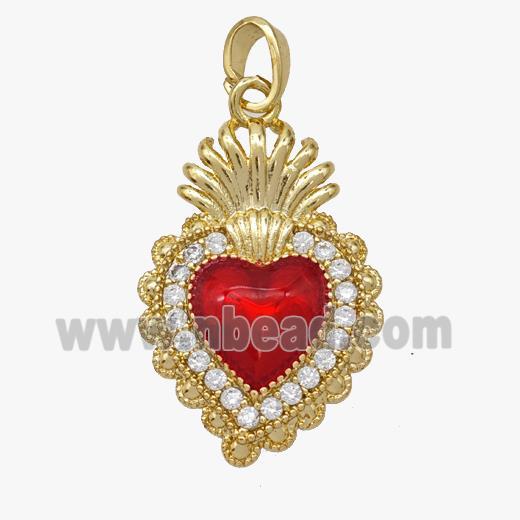 Copper Heart Pendant Pave Zirconia Red Painted Gold Plated