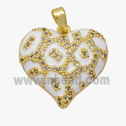 Copper Heart Pendant Micropave Zirconia White Enamel Gold Plated