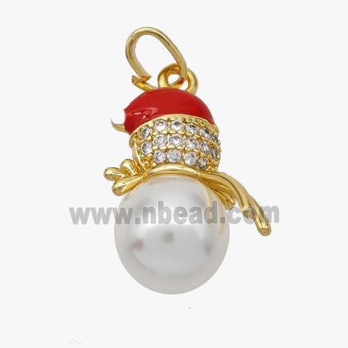 Christmas Snowman Copper Pendant Pave Zirconia Resin Red Enamel Gold Plated