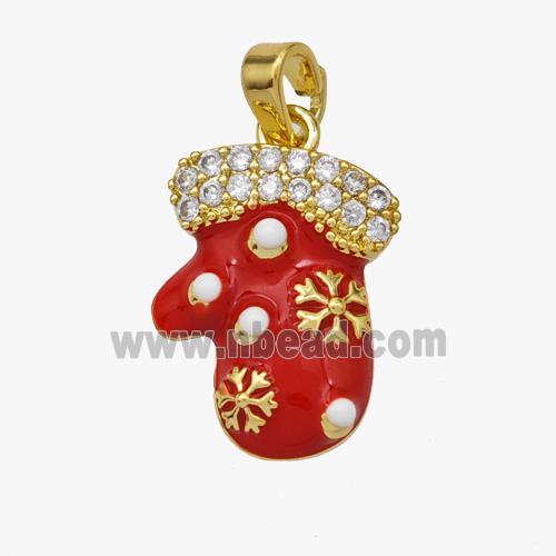 Christmas Mitten Charms Copper Pendant Pave Zirconia Red Enamel Gold Plated