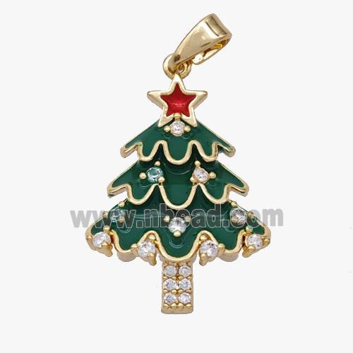 Christmas Tree Copper Pendant Pave Zirconia Green Enamel Gold Plated