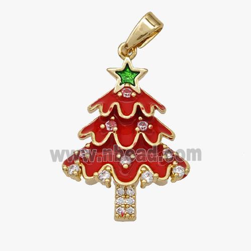 Christmas Tree Copper Pendant Pave Zirconia Red Enamel Gold Plated