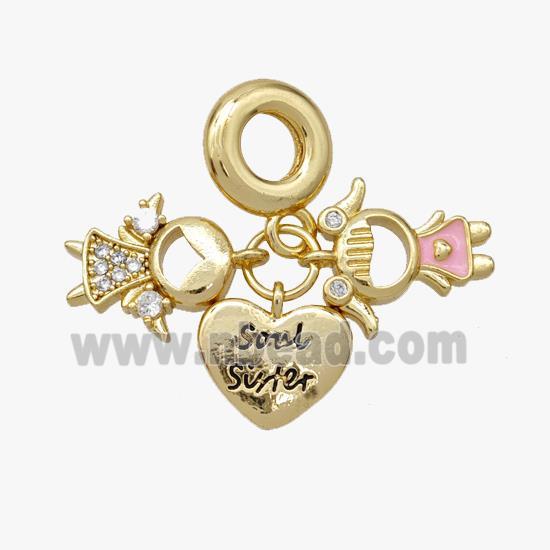 Copper Kids And Heart Pendant Pave Zirconia Painted Gold Plated