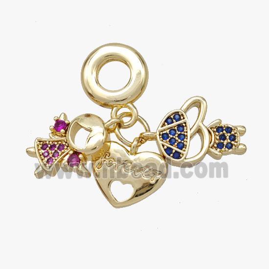 Copper Kids And Heart Pendant Pave Zirconia Gold Plated