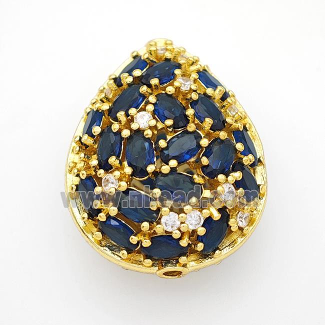 Copper Teardrop Beads Micropave Blue Crystal Glass Gold Plated