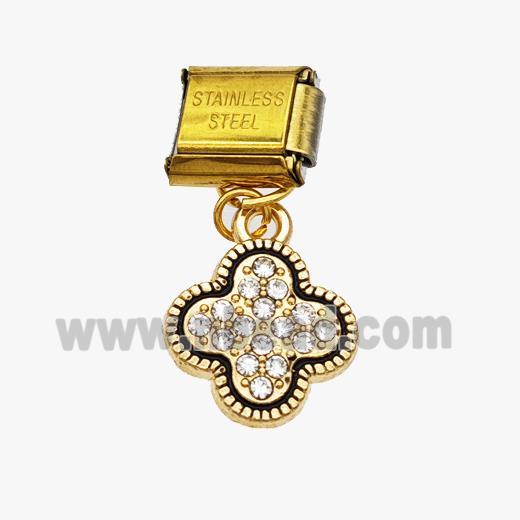 Stainless Steel Element For Module Bracelet With Clover Pendant Pave Zirconia Enamel Gold Plated