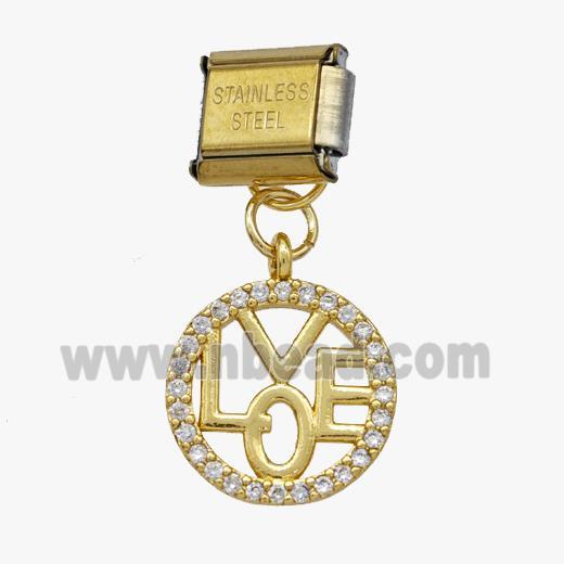 Stainless Steel Element For Module Bracelet With Copper LOVE Pendant Pave Zirconia Gold Plated