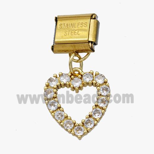 Stainless Steel Element For Module Bracelet With Copper Heart Pendant Pave Zirconia Gold Plated