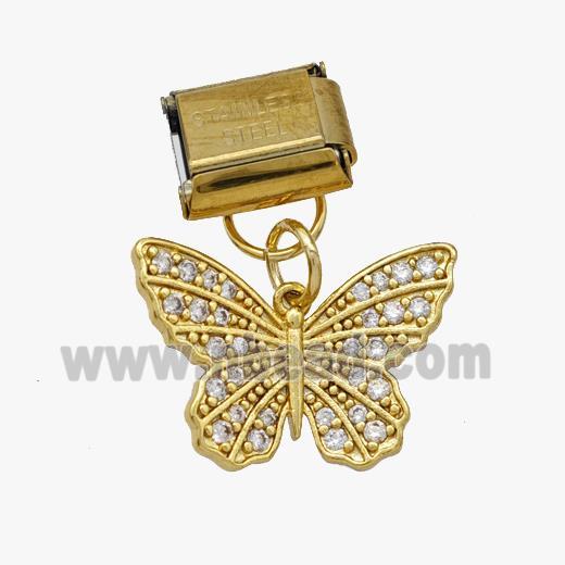 Stainless Steel Element For Module Bracelet With Copper Butterfly Pendant Pave Zirconia Gold Plated