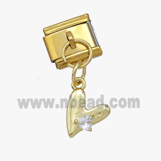 Stainless Steel Element For Module Bracelet With Copper Heart Pendant Pave Zirconia Gold Plated