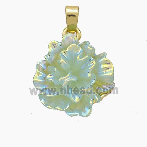 Resin Flower Pendant Green AB-Color Gold Plated