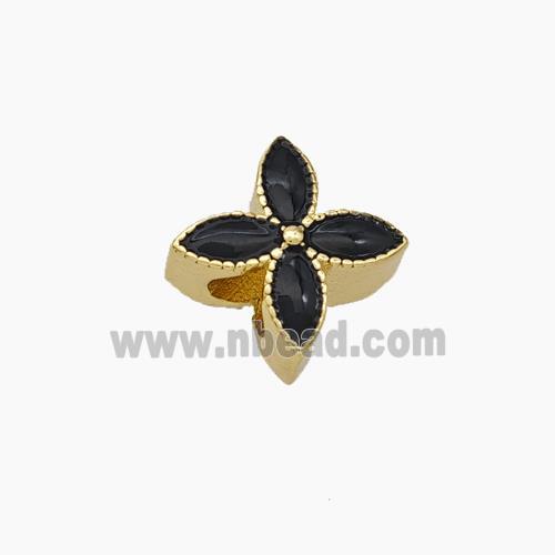 Copper Clover Beads Black Enamel Large Hole Gold Plated