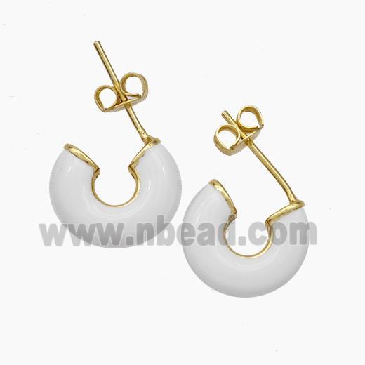 Copper Stud Earrings White Enamel Gold Plated