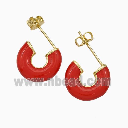 Copper Stud Earrings Red Enamel Gold Plated