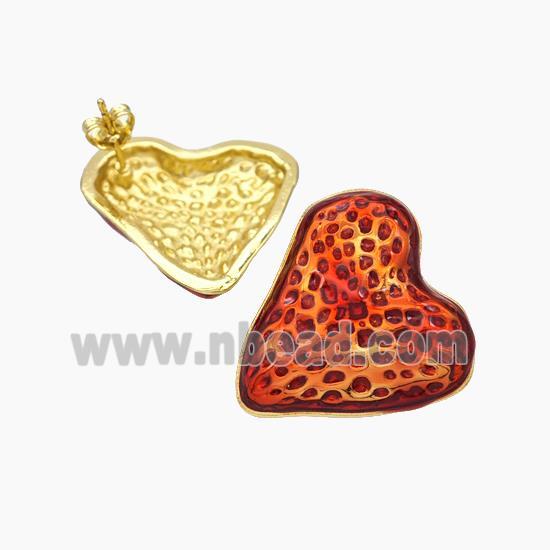 Copper Heart Stud Earrings Red Painted Gold Plated