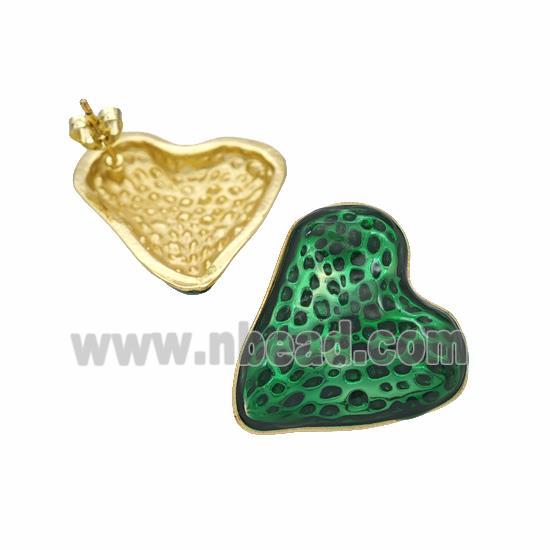 Copper Heart Stud Earrings Green Painted Gold Plated