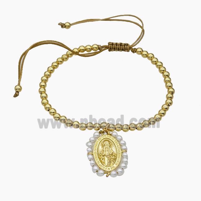 Copper Bracelet With Jesus Pave Pearlized Resin Adjustable Gold Plated