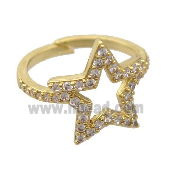 copper Rings pave zircon, resizable, star, gold plated