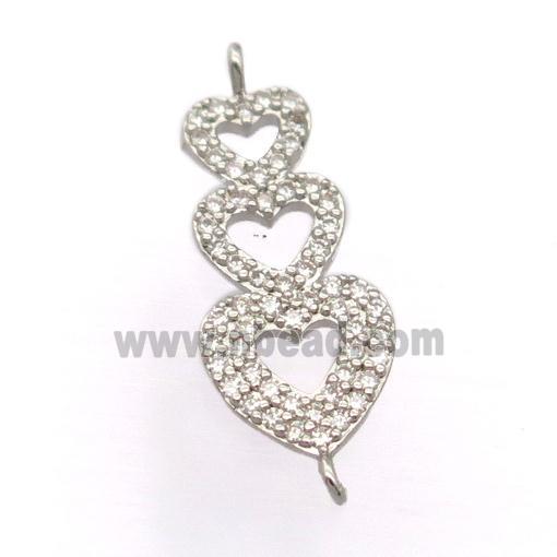 copper heart connector pave zircon, platinum plated