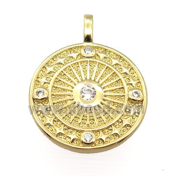 copper circle pendant pave zircon, gold plated