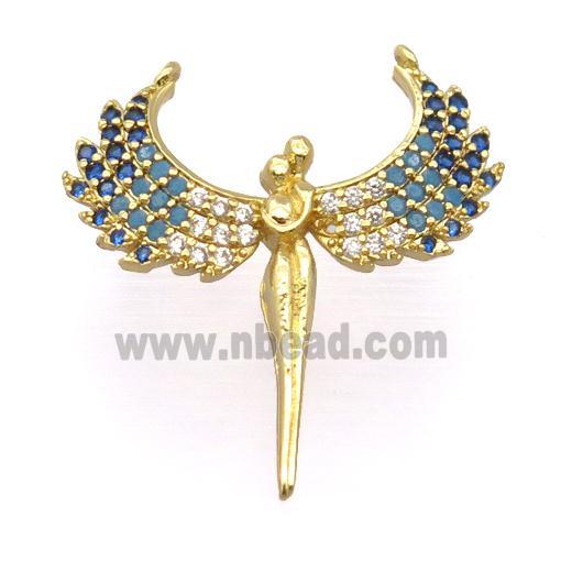 copper pendant pave zircon, angel wings, gold plated