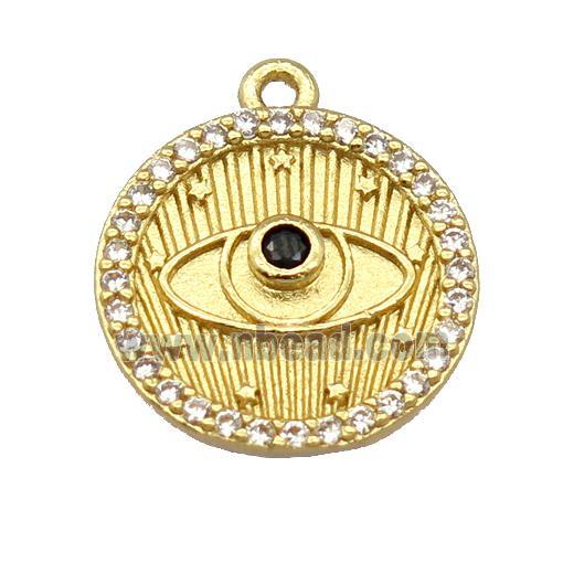 copper circle pendant pave zircon, eye, gold plated