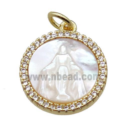 copper circle pendant pave zircon with shell virgin mary, gold plated