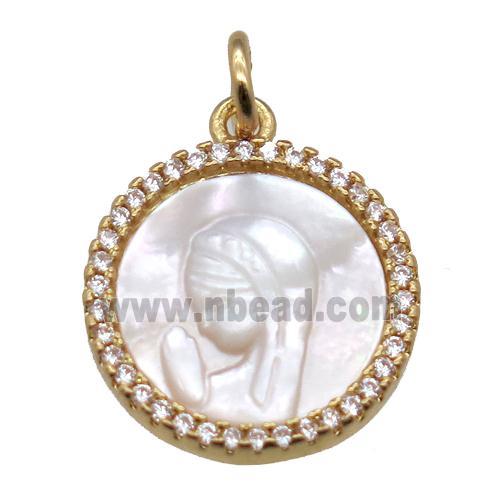 copper circle pendant pave zircon with shell virgin mary, gold plated