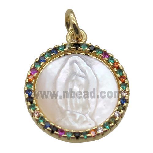 copper circle pendant pave zircon with shell virgin mary, gold plated