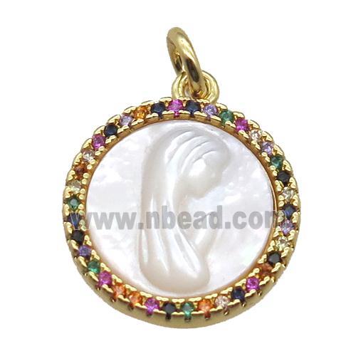 copper circle pendant pave zircon with shell virgin mary, gold plated