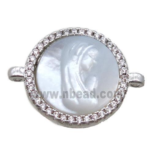 copper circle conector pave zircon with shell virgin mary, platinum plated