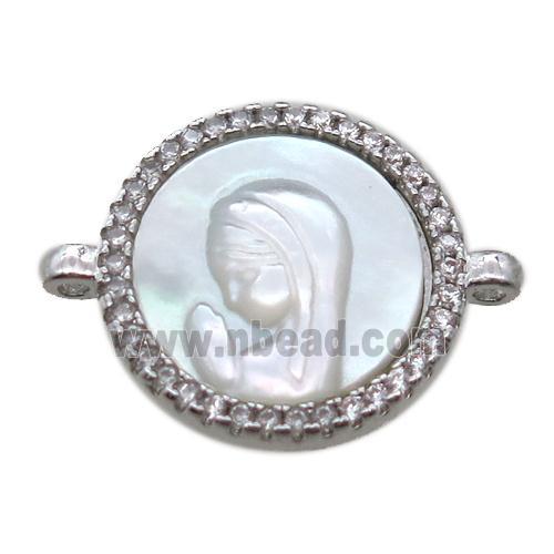 copper circle conector pave zircon with shell virgin mary, platinum plated