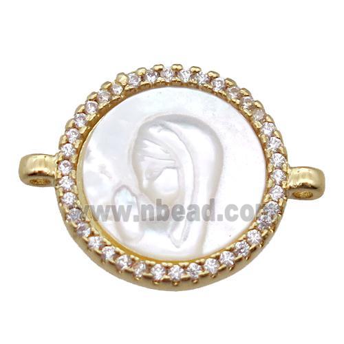 copper circle conector pave zircon with shell virgin mary, gold plated