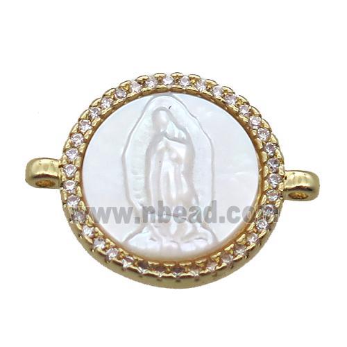 copper circle conector pave zircon with shell virgin mary, gold plated