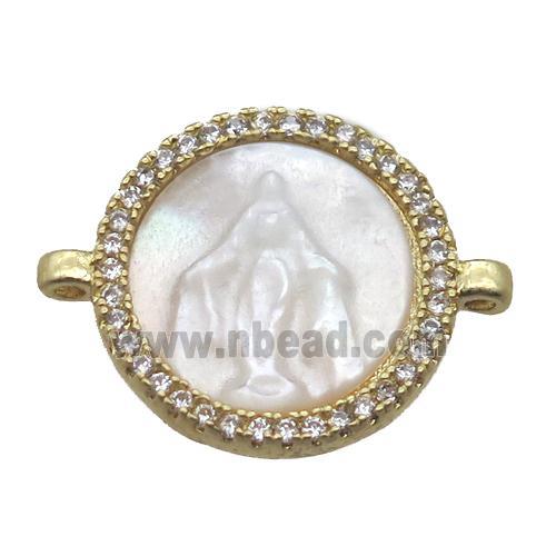 copper circle conector pave zircon with shell virgin mary, gold plated